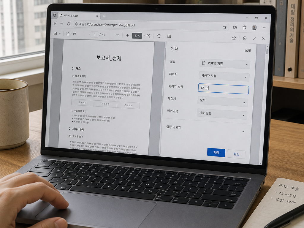 Microsoft Edge에서 PDF를 열고 Ctrl+P를 눌러 페이지 범위를 지정한 화면