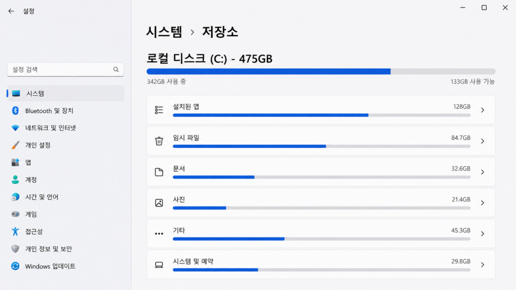 Windows 11 설정 → 시스템 → 저장소 화면