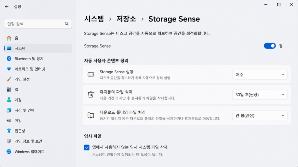 Windows 11 Storage Sense 설정 화면