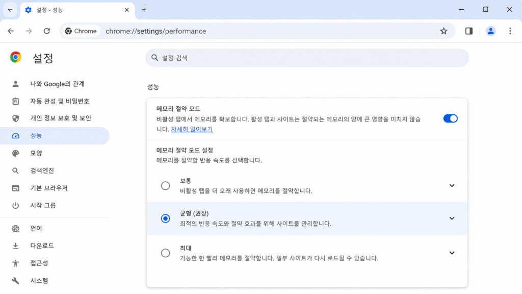 Chrome 설정 → 성능 → 메모리 절약 모드 화면