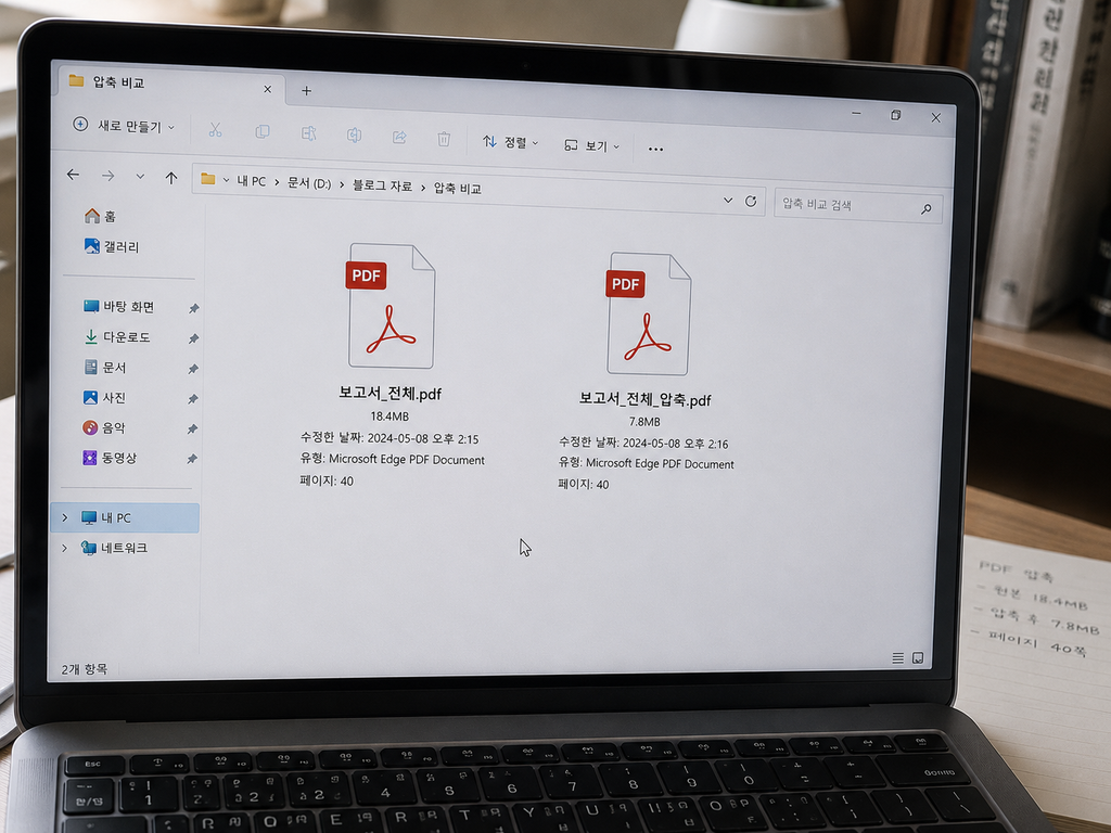 같은 PDF의 압축 전후 파일 크기를 비교한 파일 탐색기 화면