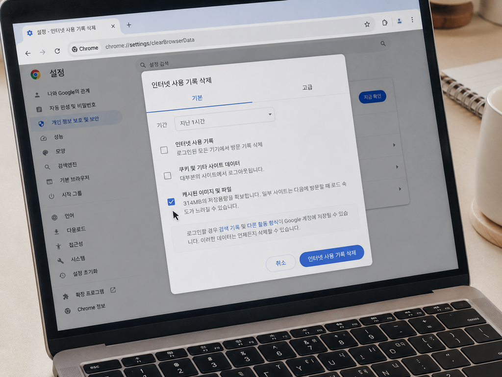Chrome 인터넷 사용 기록 삭제 화면에서 ‘캐시된 이미지 및 파일’이 선택된 화면