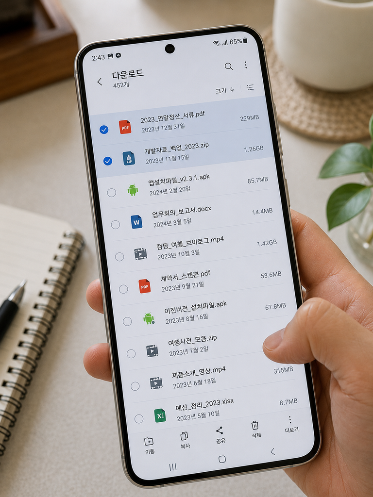 파일 관리자에서 Downloads 폴더를 크기순으로 정렬한 화면