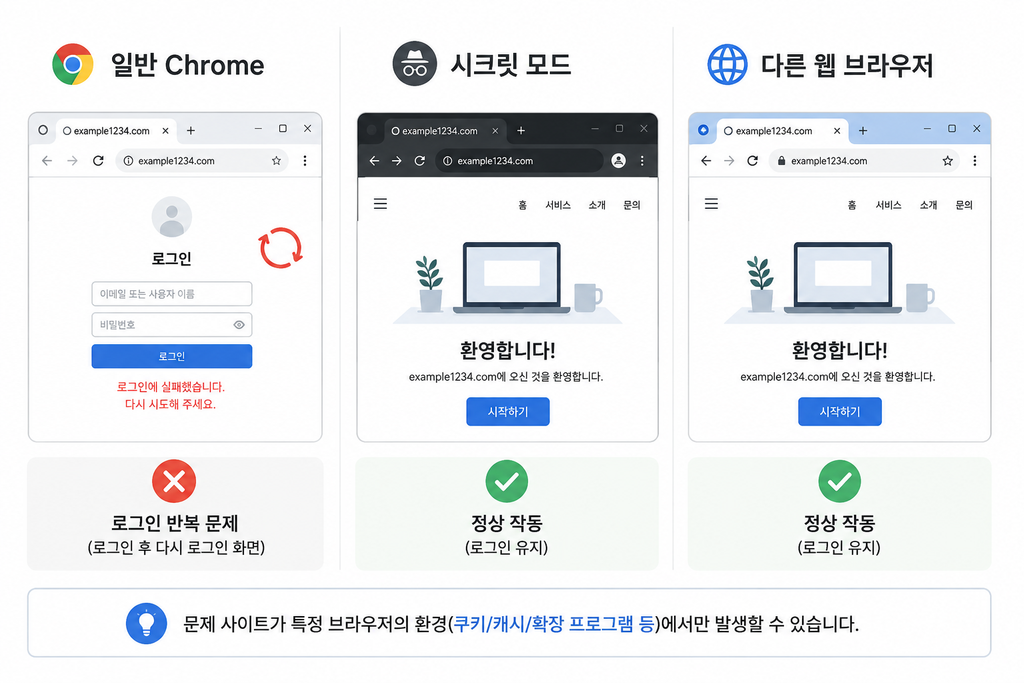 직접 작성한 ‘일반 창 / 시크릿 창 / 다른 브라우저’ 비교표