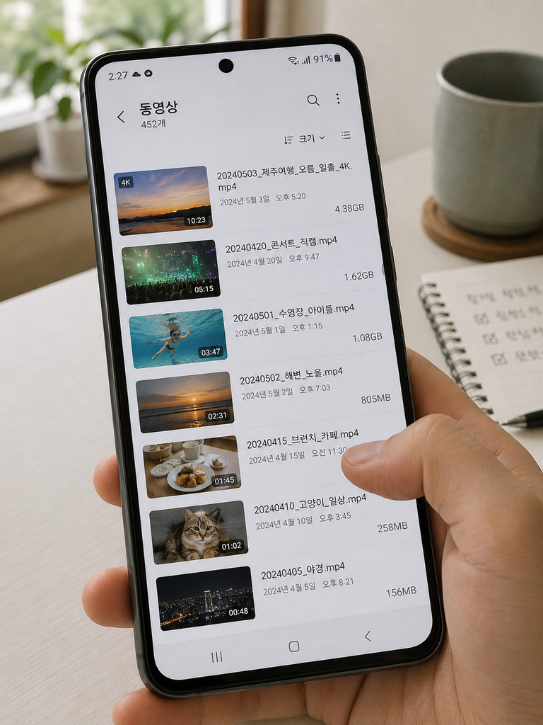 갤러리 또는 파일 관리자에서 동영상 파일을 크기순으로 정렬한 화면