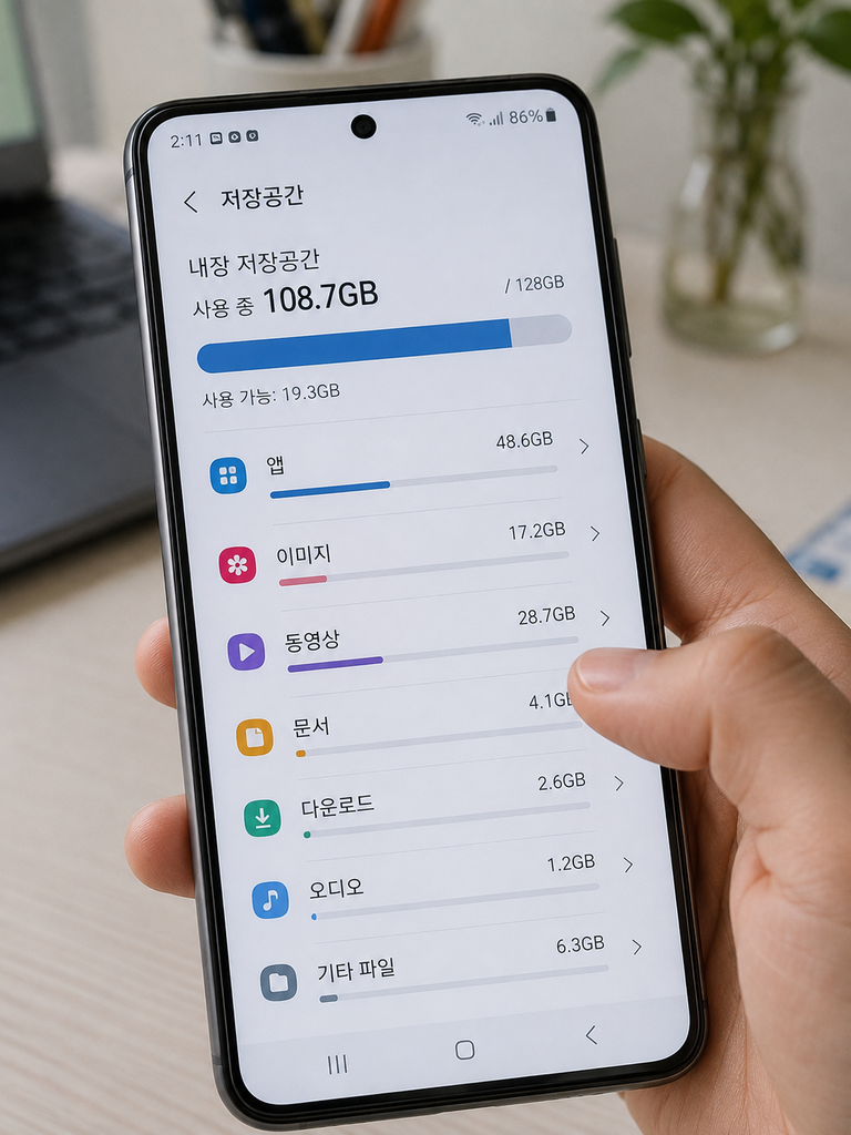 스마트폰 저장공간 화면에서 앱, 이미지, 동영상, 문서 등의 용량이 표시된 장면