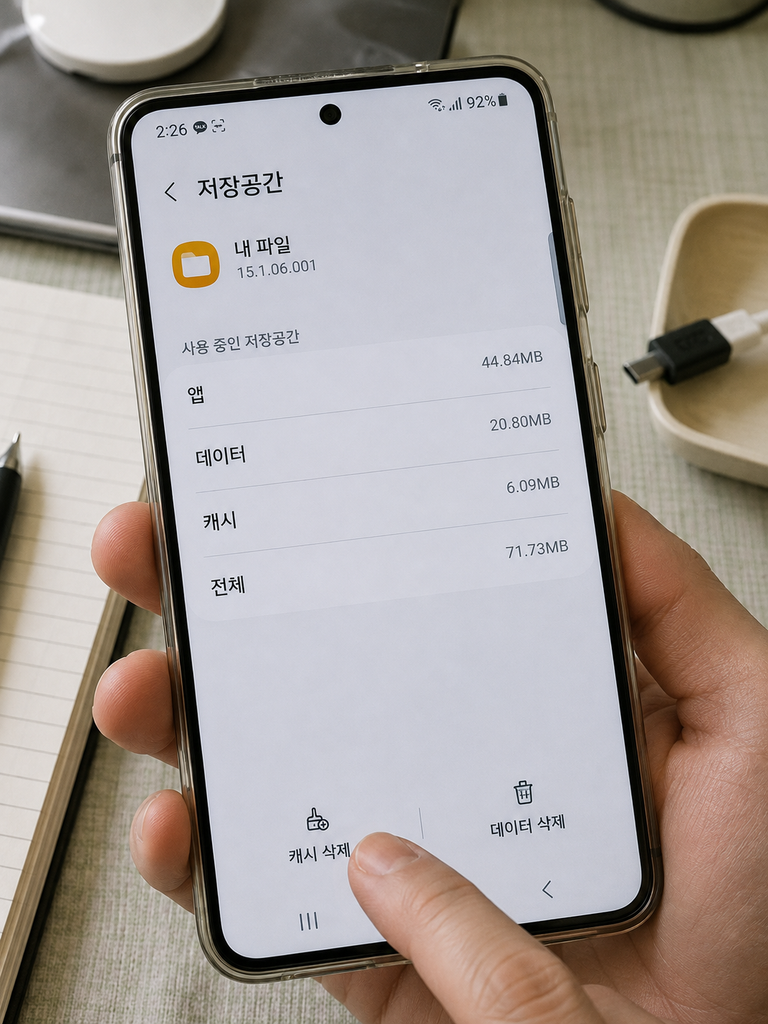 권장 이미지: 갤럭시 앱 정보 → 저장공간에서 ‘캐시 삭제’와 ‘데이터 삭제’가 동시에 보이는 화면