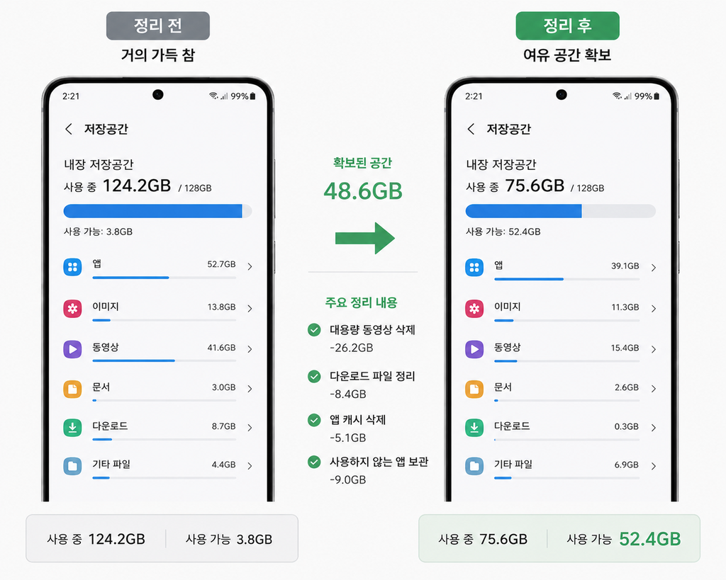 스마트폰 저장공간 정리 전후 비교