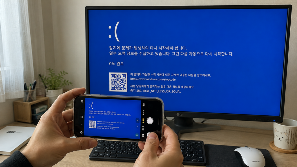 블루스크린 중지 코드가 실제로 표시된 화면 사진