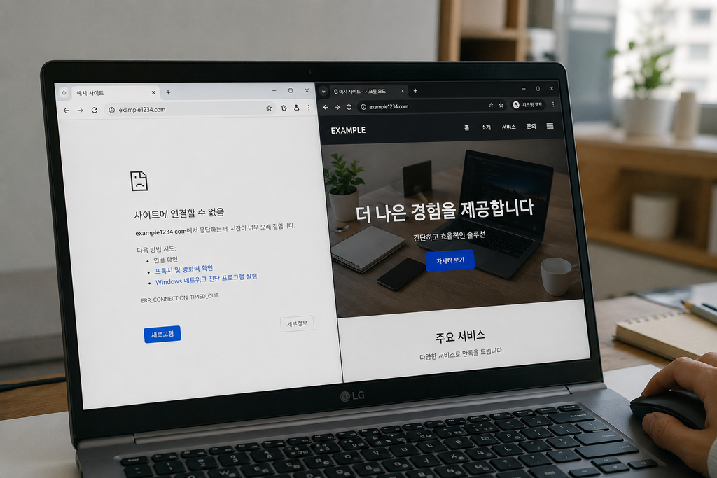 일반 Chrome 창과 시크릿 창에서 같은 사이트를 비교한 화면
