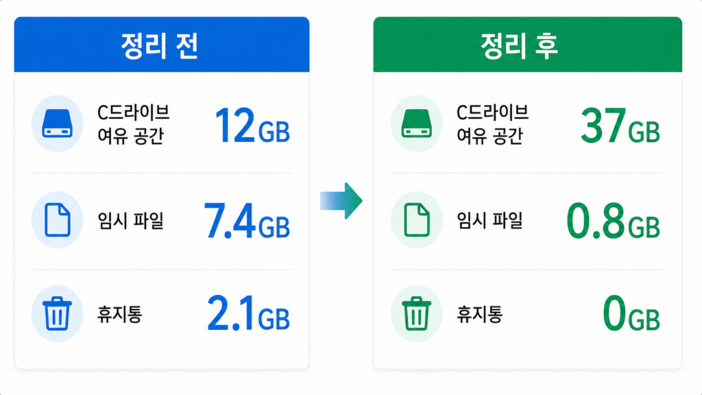 저장소 정리 전후의 C드라이브 여유 공간 비교 화면