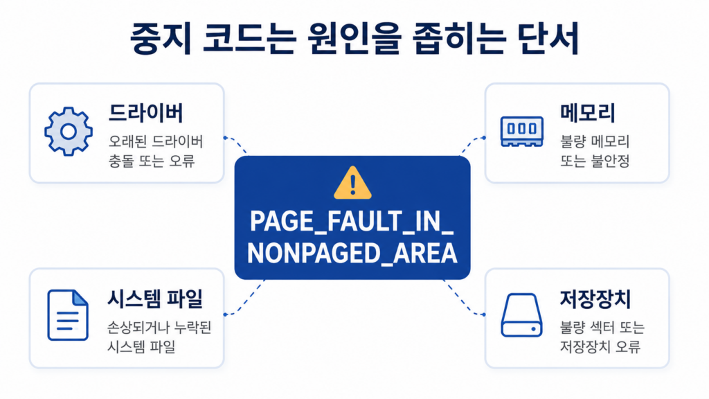 중지 코드는 원인을 좁히는 첫 번째 단서로 사용하는 것이다.