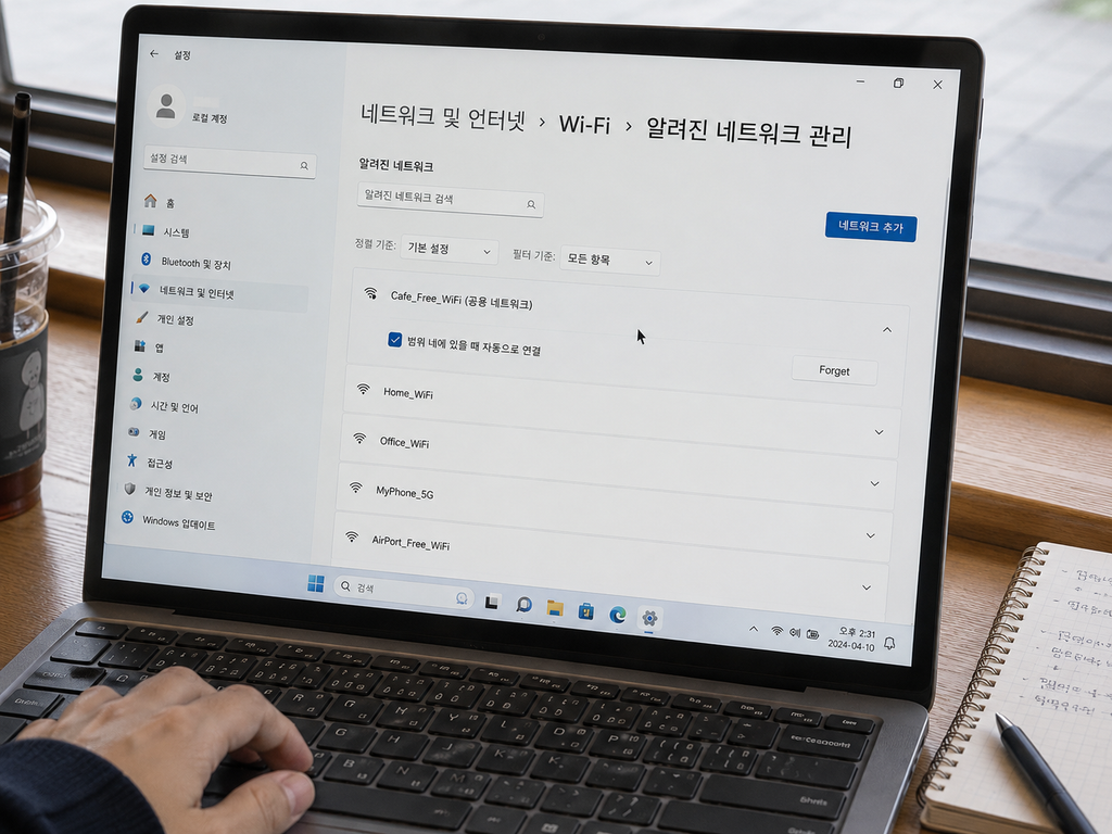 Windows 11 ‘알려진 네트워크 관리’ 화면