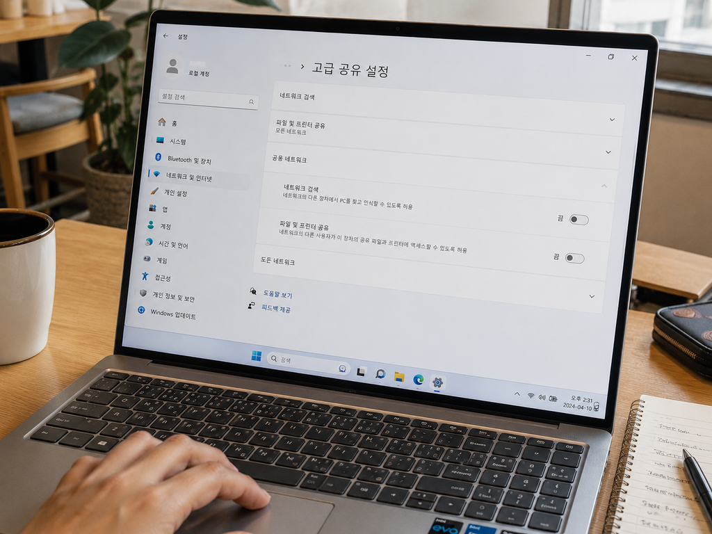 Windows 11 고급 공유 설정에서 공용 네트워크의 네트워크 검색과 파일 공유가 꺼진 화면
