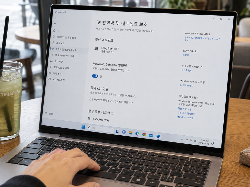 Windows 보안 → 방화벽 및 네트워크 보호 화면