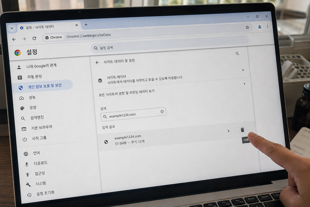 모든 사이트 데이터 및 권한 보기’에서 특정 사이트를 검색한 화면