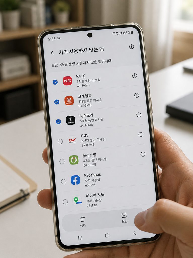Android 앱 보관처리 또는 사용하지 않는 앱 목록 화면