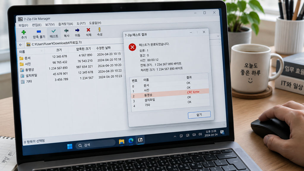 7-Zip에서 압축 파일을 선택하고 Test 기능을 실행한 화면