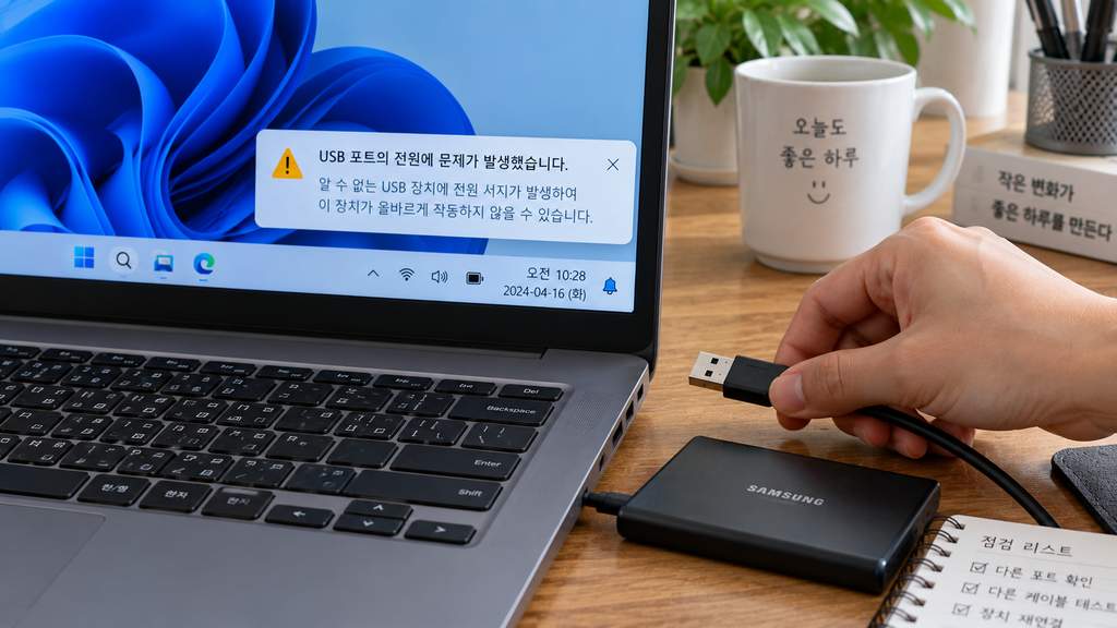 Windows에서 USB 포트 전원 서지 경고가 표시된 화면