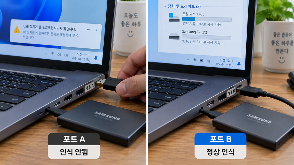 노트북 또는 데스크톱의 USB 포트 A·B에 동일 장치를 번갈아 연결하는 비교 그림