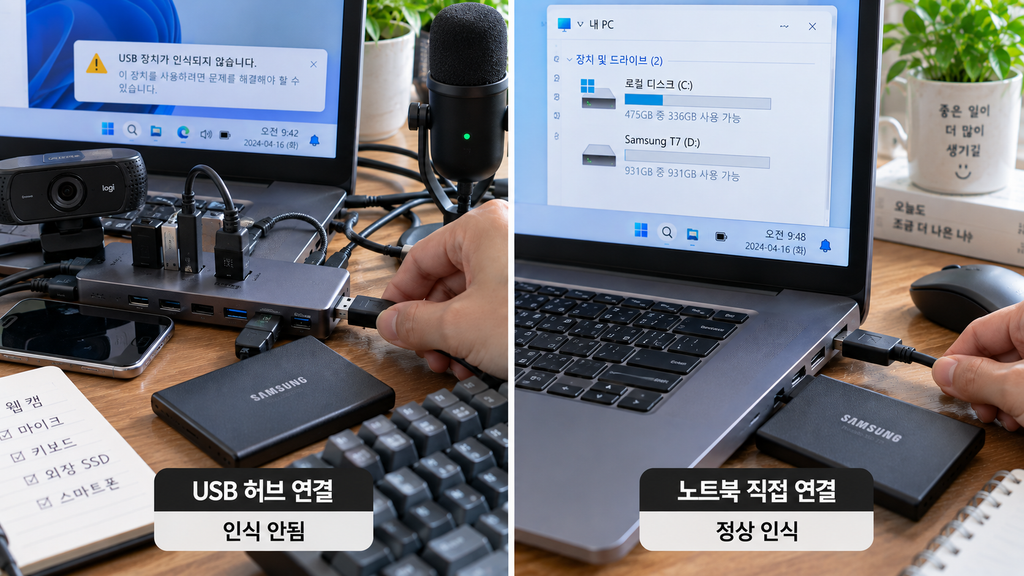 USB 장치를 허브가 아닌 노트북 또는 데스크톱 USB 포트에 직접 연결하는 비교 화면