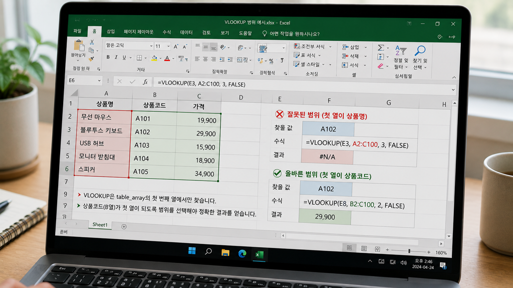 VLOOKUP 검색 범위의 첫 번째 열이 강조된 Excel 예제
