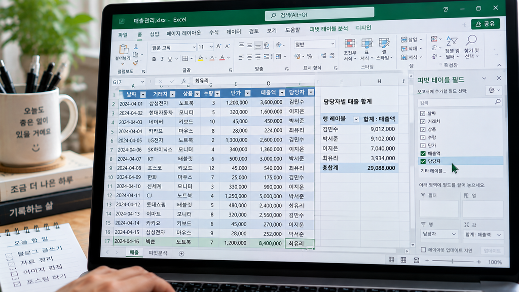 Excel 표에 ‘담당자’ 열을 추가한 뒤 피벗 필드 목록에 새 필드가 표시된 화면