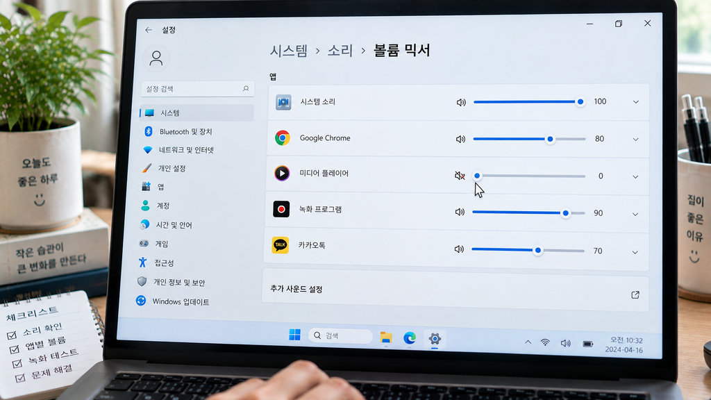 Windows 11 볼륨 믹서에서 앱별 볼륨을 확인하는 화면