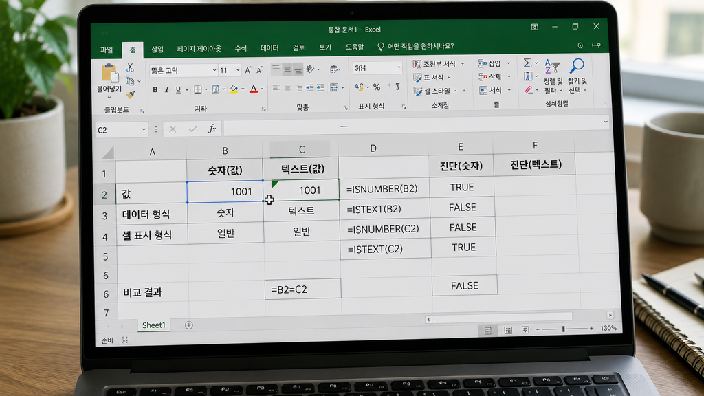 같은 1001이지만 한쪽은 숫자, 한쪽은 텍스트인 Excel 화면