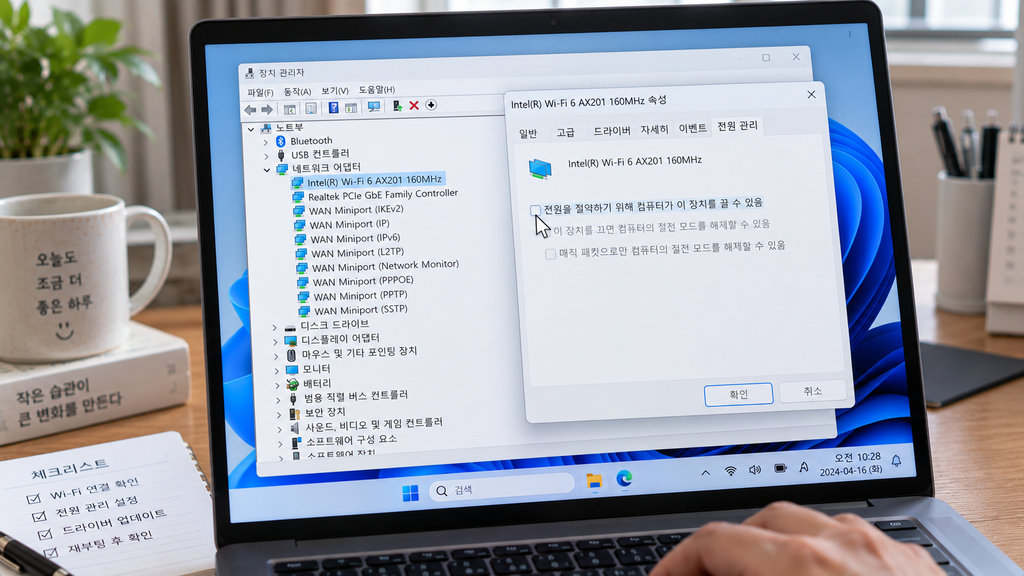 장치 관리자 → 네트워크 어댑터 → Wi-Fi 장치 → 전원 관리 탭 화면