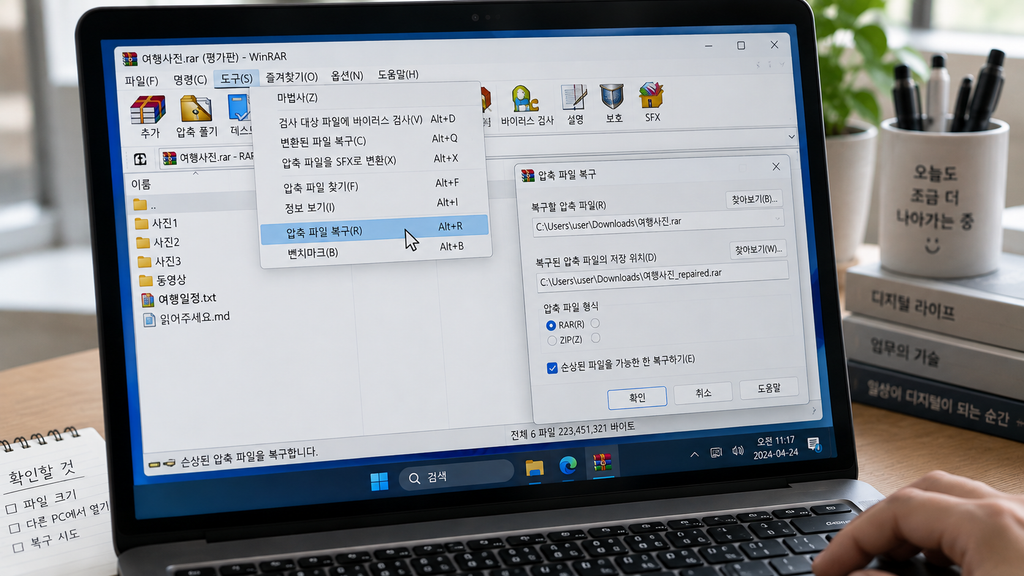WinRAR의 Tools 메뉴에서 Repair archive 기능이 선택된 화면