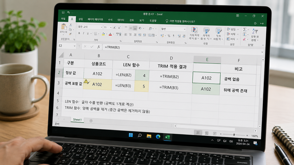 A102 두 셀의 LEN 결과가 4와 5로 다르게 표시되는 화면