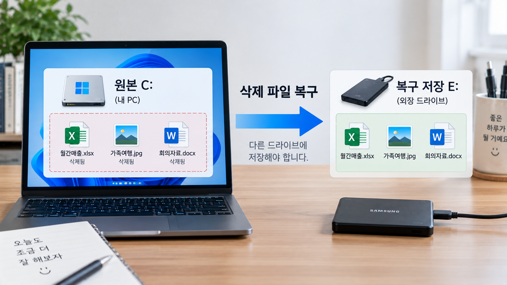 C 드라이브에서 삭제 파일을 찾고 외장 E 드라이브에 복구하는 구조 그림