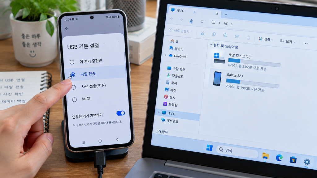 안드로이드 스마트폰의 USB 설정에서 ‘파일 전송’ 방식을 선택하는 화면