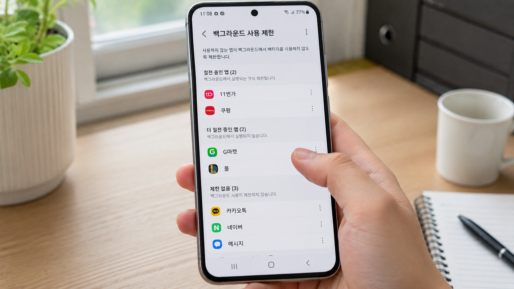 갤럭시 ‘백그라운드 사용 제한’ 화면에서 절전·초절전 앱 목록