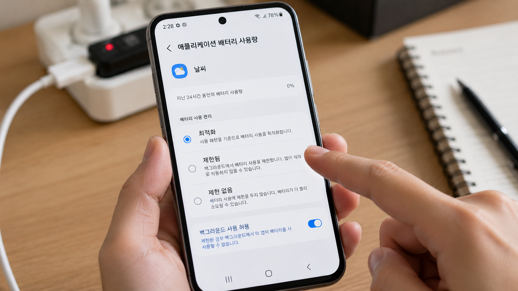 특정 앱의 배터리 사용 설정에서 최적화 또는 제한 관련 항목이 보이는 화면