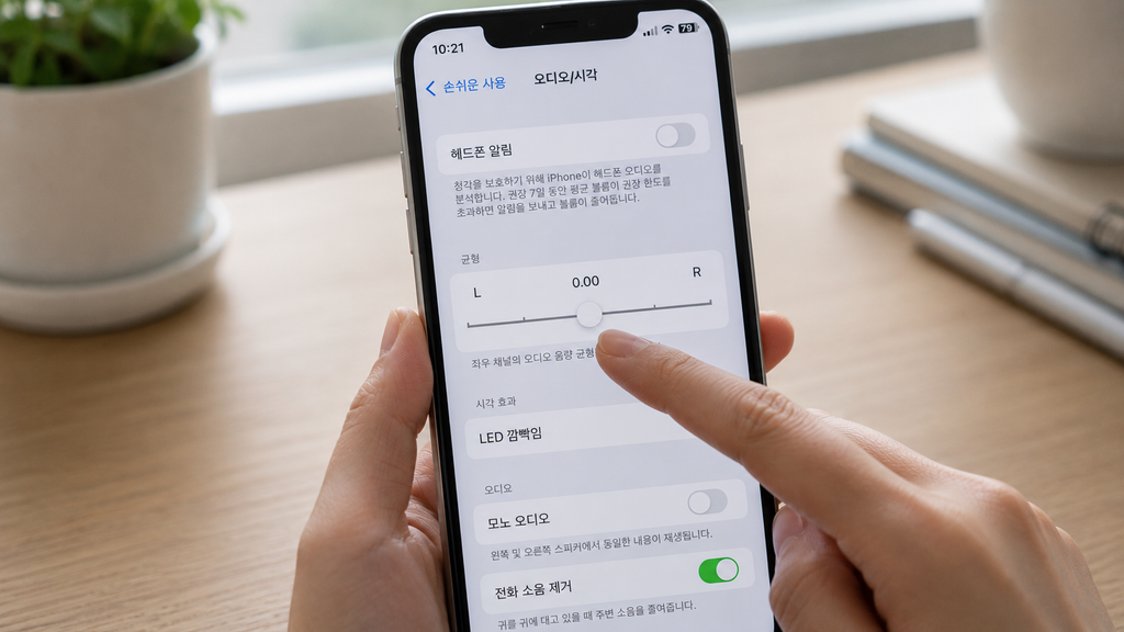 스마트폰의 좌우 오디오 밸런스가 중앙에 맞춰진 화면