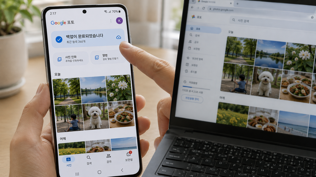 Google Photos에서 백업 완료 상태가 표시된 화면