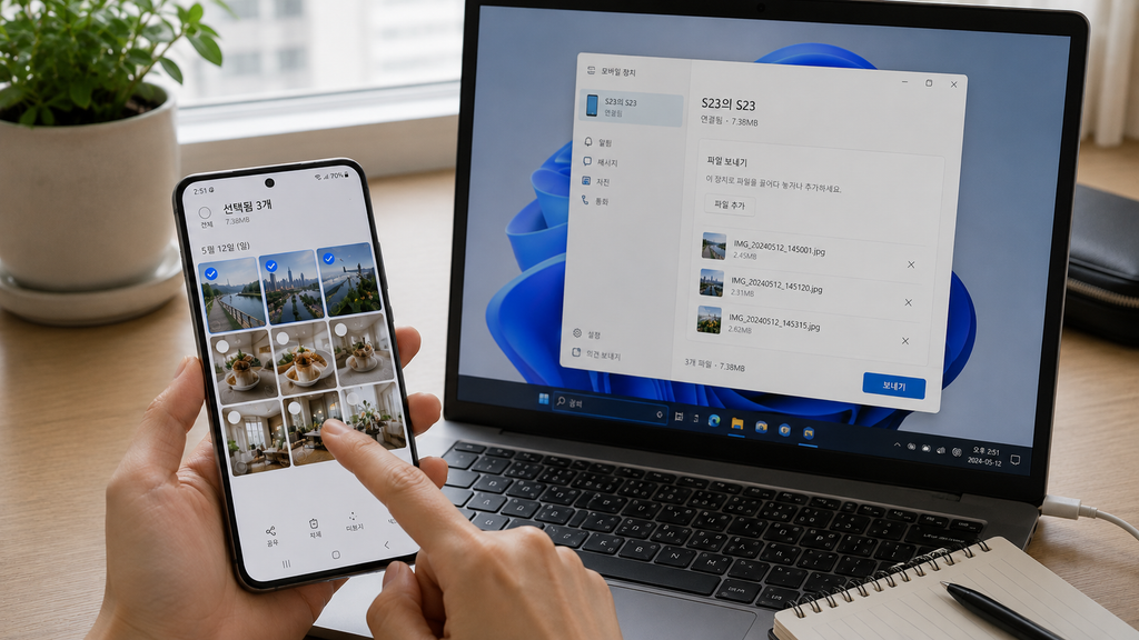 Windows와 Android 스마트폰이 연결된 상태에서 파일 공유 메뉴가 보이는 화면