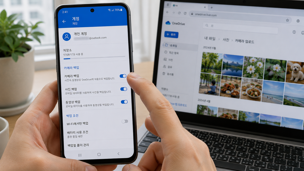 Android OneDrive에서 ‘카메라 백업’이 켜진 화면
