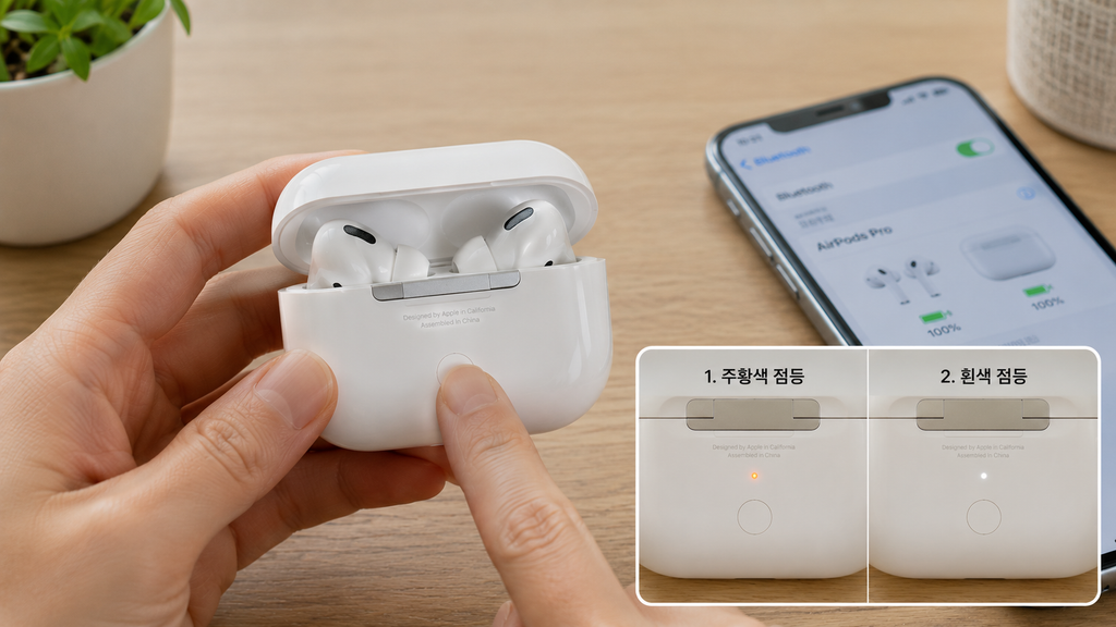 AirPods 충전 케이스 뒤 설정 버튼 위치와 상태 표시등