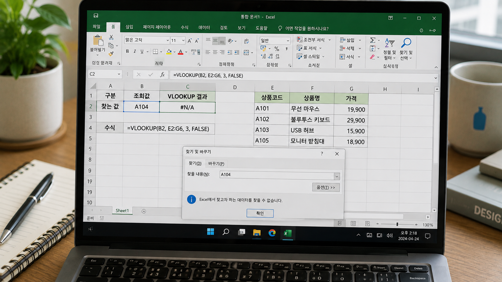 Excel에서 Ctrl+F로 상품코드를 검색한 화면