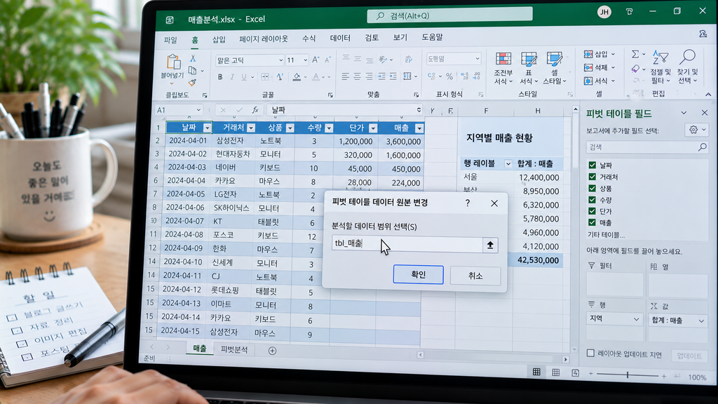 데이터 원본 변경 창에서 셀 범위 대신 표 이름이 지정된 화면