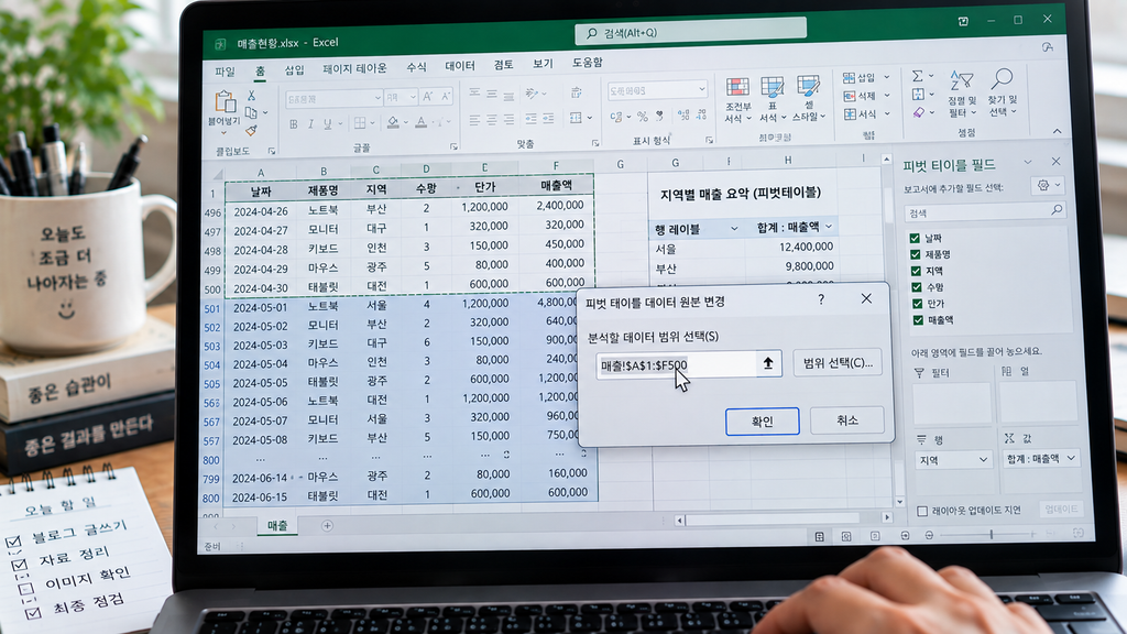 피벗 테이블 데이터 원본 변경 창에서 $A$1:$F$500 범위가 표시된 화면