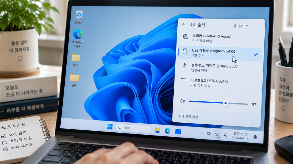 Windows 11 빠른 설정에서 현재 오디오 출력 장치를 선택하는 화면
