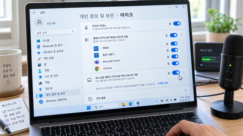 Windows 11 개인정보 및 보안 → 마이크 권한 화면