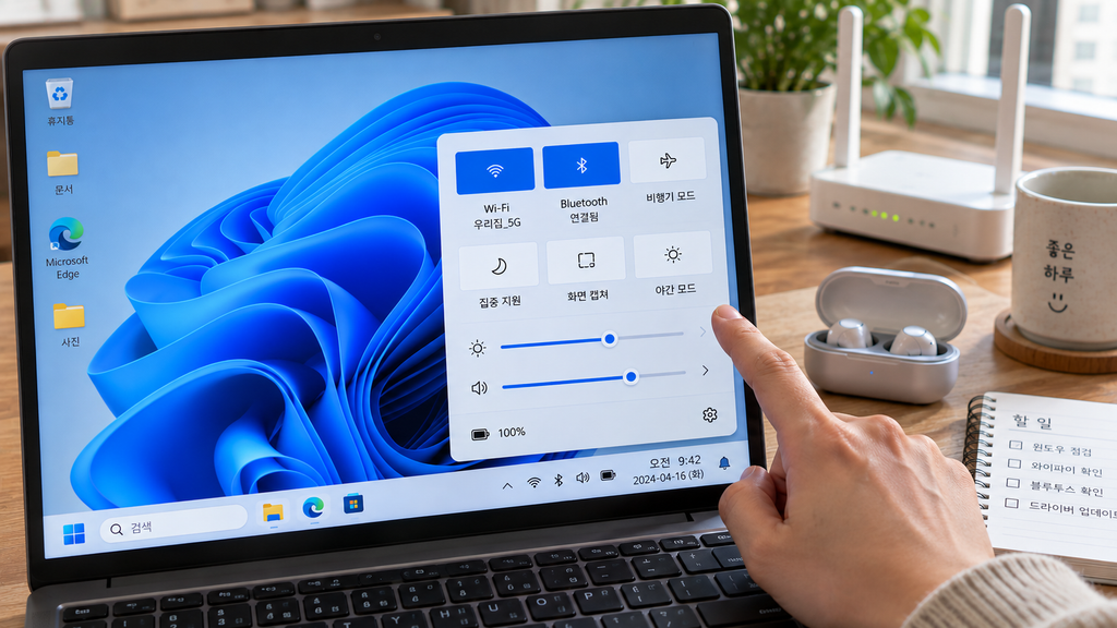 Windows 11 빠른 설정에서 Wi-Fi와 Bluetooth가 함께 표시되는 화면