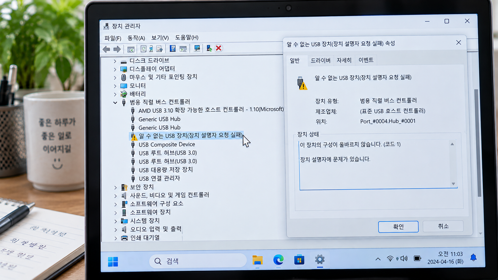 Windows 11 장치 관리자에서 ‘범용 직렬 버스 컨트롤러’와 경고 표시가 있는 USB 장치를 확인하는 화면
