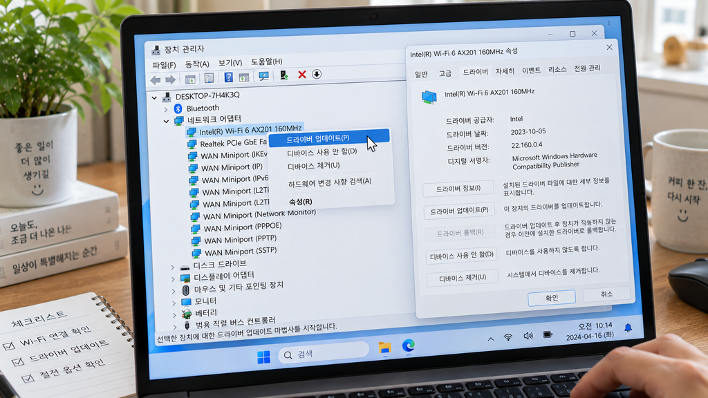 장치 관리자에서 Wi-Fi 어댑터의 드라이버 업데이트 메뉴
