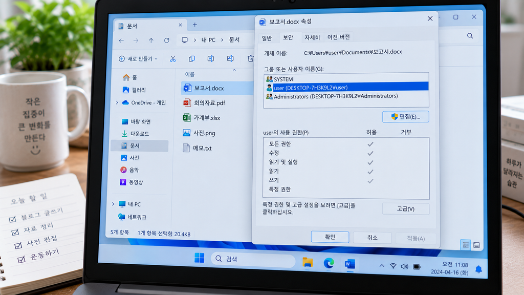 파일 속성 → 보안 탭에서 사용자와 권한을 확인하는 화면